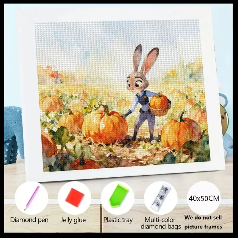 

1PC 5D DIY Full Drill Diamond Painting Kit, Cute Judy Hopps Zootopia Rabbit Autumn Pumpkin Harvest Scene, Crystal Rhinestone Gem