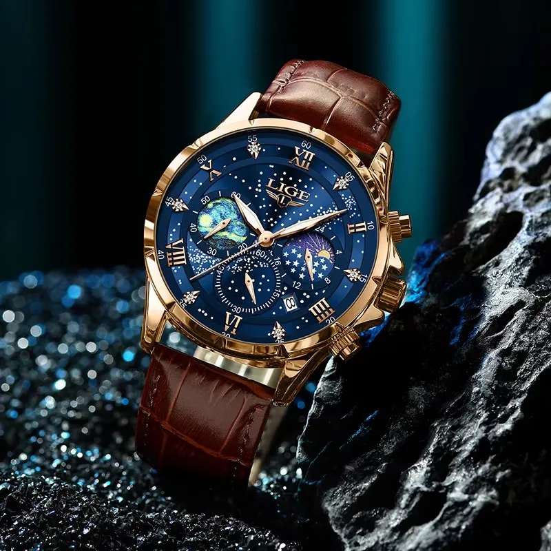 LIGE Orologio da uomo con quadrante notturno stellato creativo Orologio da polso da uomo al quarzo con fasi lunari super luminose Orologi da uomo in pelle da lavoro Data