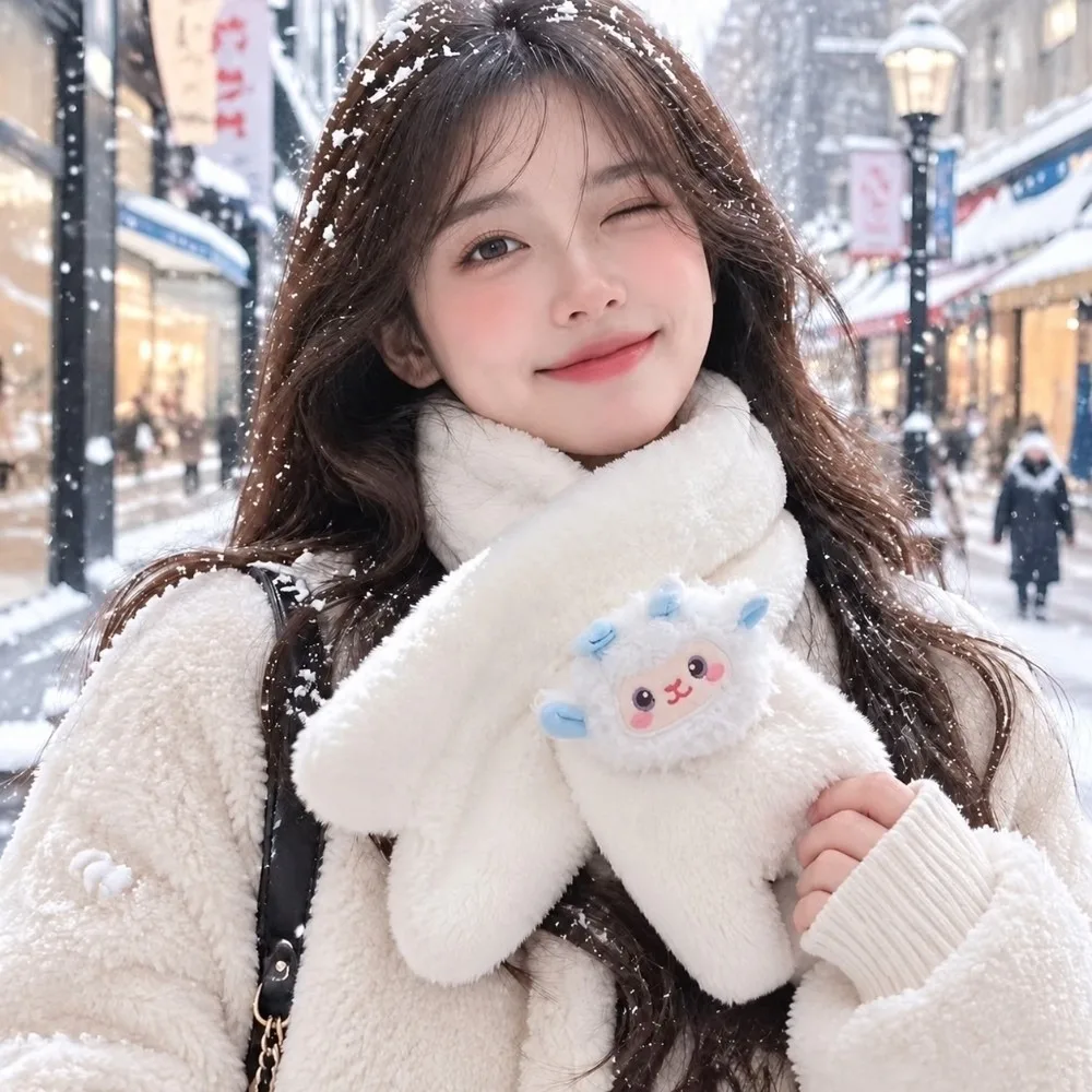 Soft Thickened Winter Scarfs Solid Color Cartoon Sheep Women's Scarves Keep Warm Neck Protection Winter Scarfs Winter