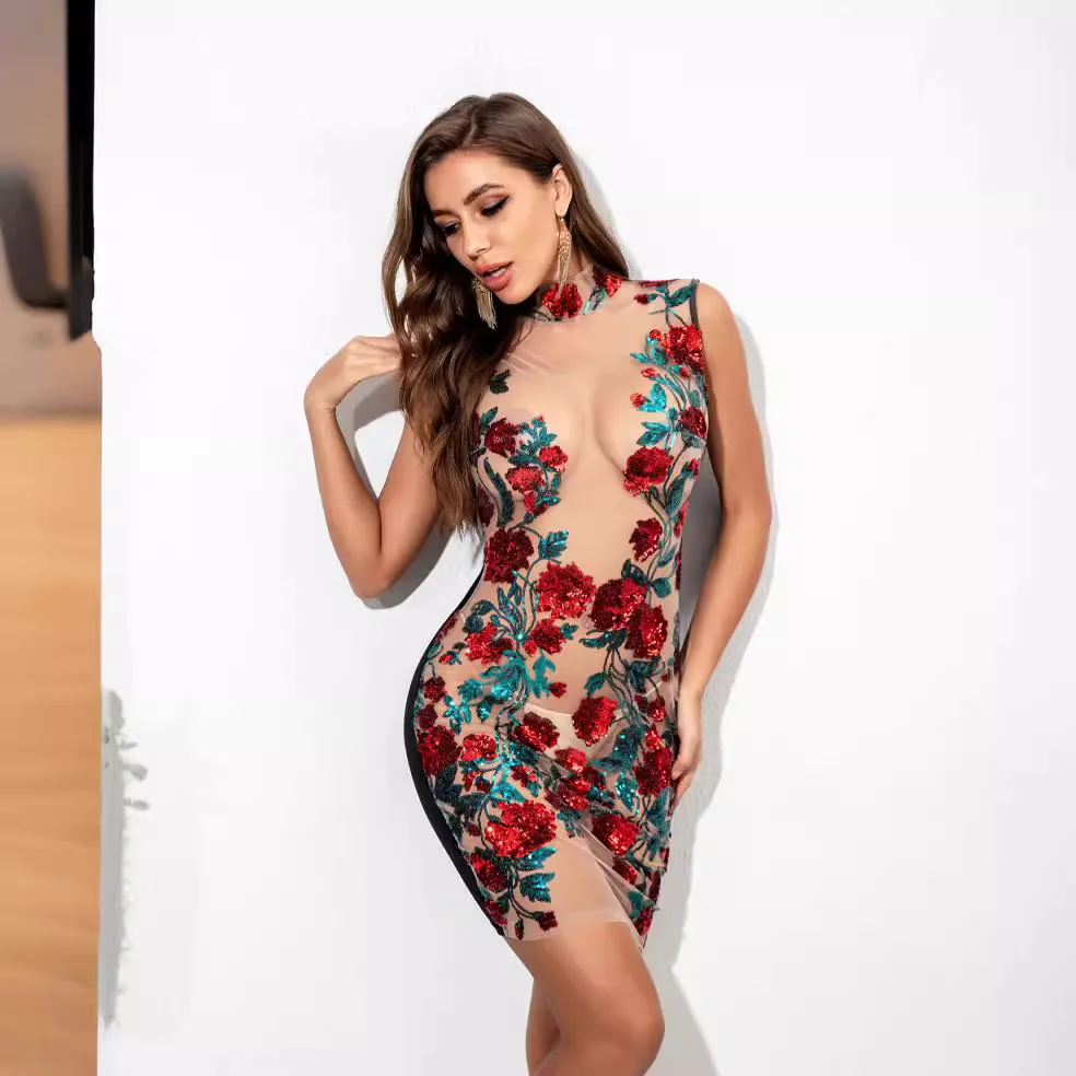 2024 Abito da club senza maniche in rete trasparente con paillettes Abito da sera formale aderente sexy Mini Party Night Out Glitter per le donne