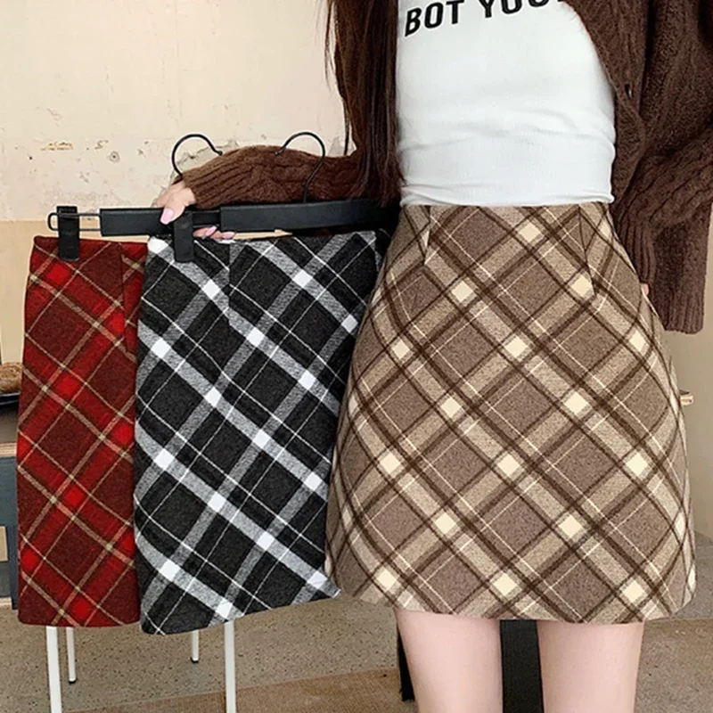 

Womem Vintage Plaid Tweed A-line Skirt Casual High Waist Mini Skirt Women Preppy Style Bodycon Skirts Autumn Winter