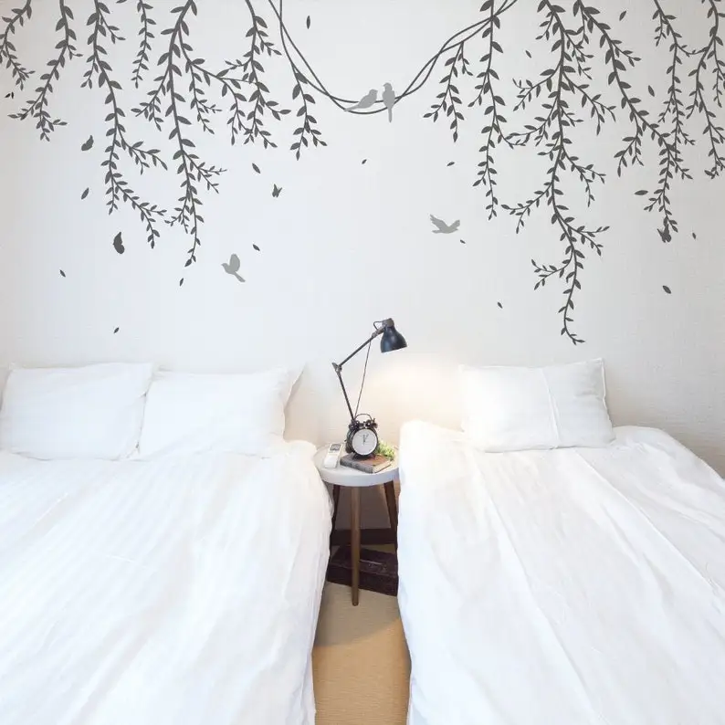 Hanging Branches With Birds Wall Stickers, Bedroom Branches, Living Room Wall Decals, Hanging Vinyl,