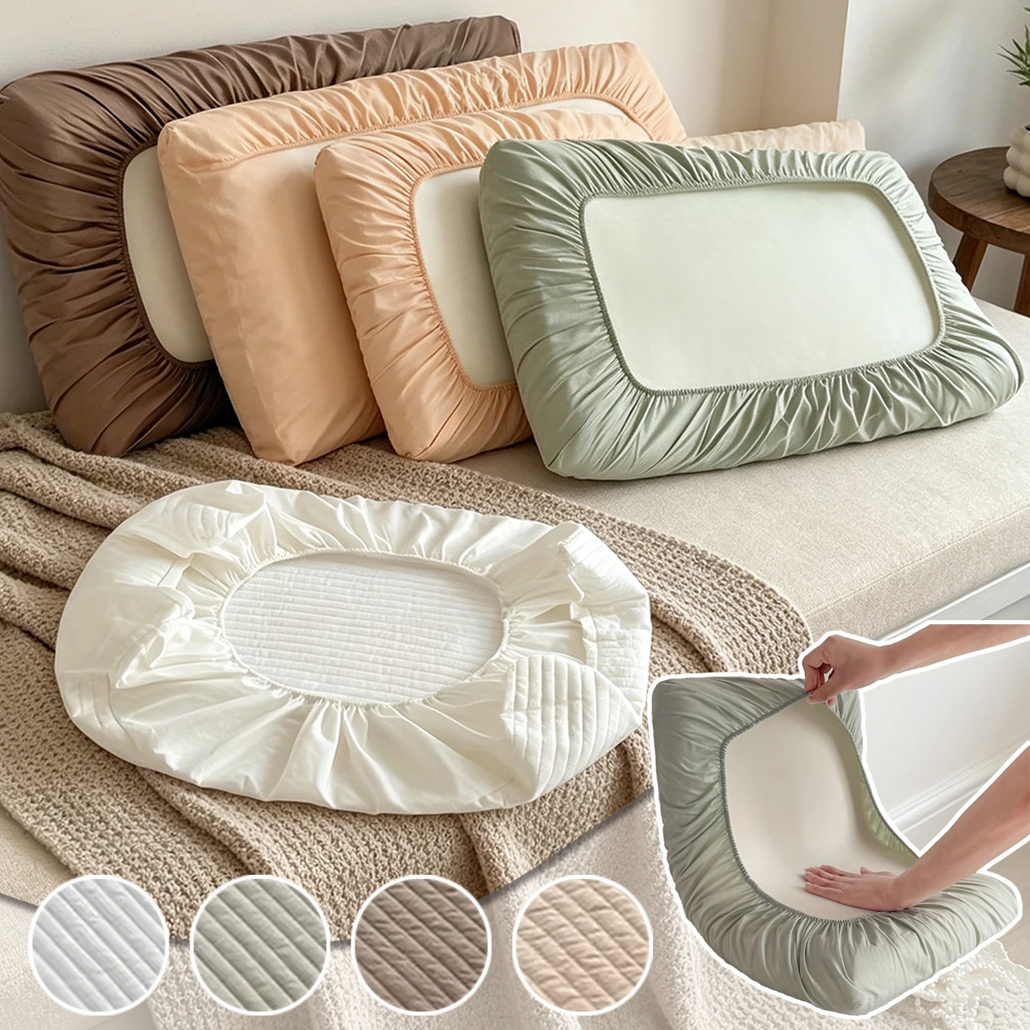 

Quilted Pillowcase Stripe Pattern Cotton Elastic Band Pillowcase All-inclusive Dormitory Pillow Cover Solid Color Skin-friendly
