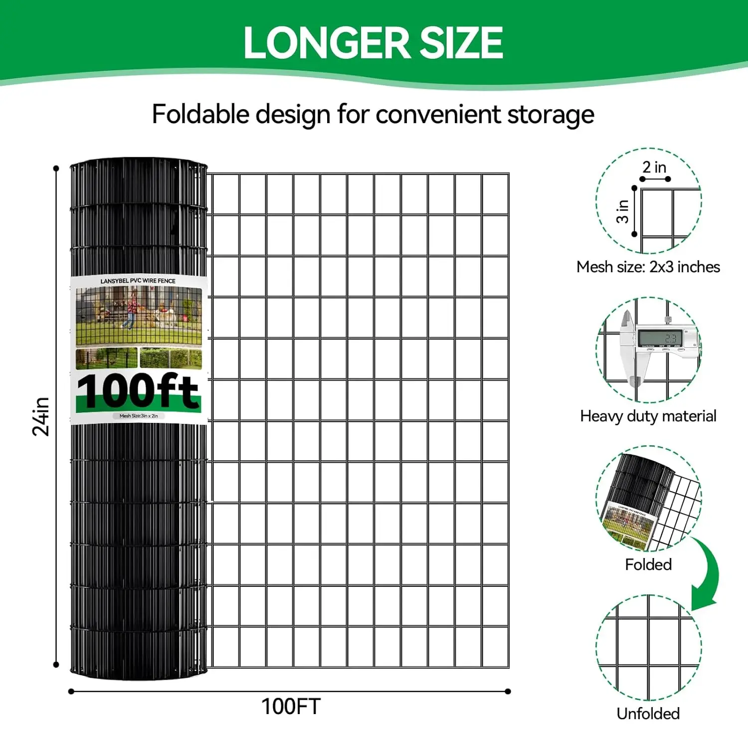 سياج سلكي ملحوم مطلي بولي كلوريد الفينيل، 100 قدم × 24 بوصة، شبكة حديقة مقاومة للصدأ لحاجز الحيوانات وحماية النباتات