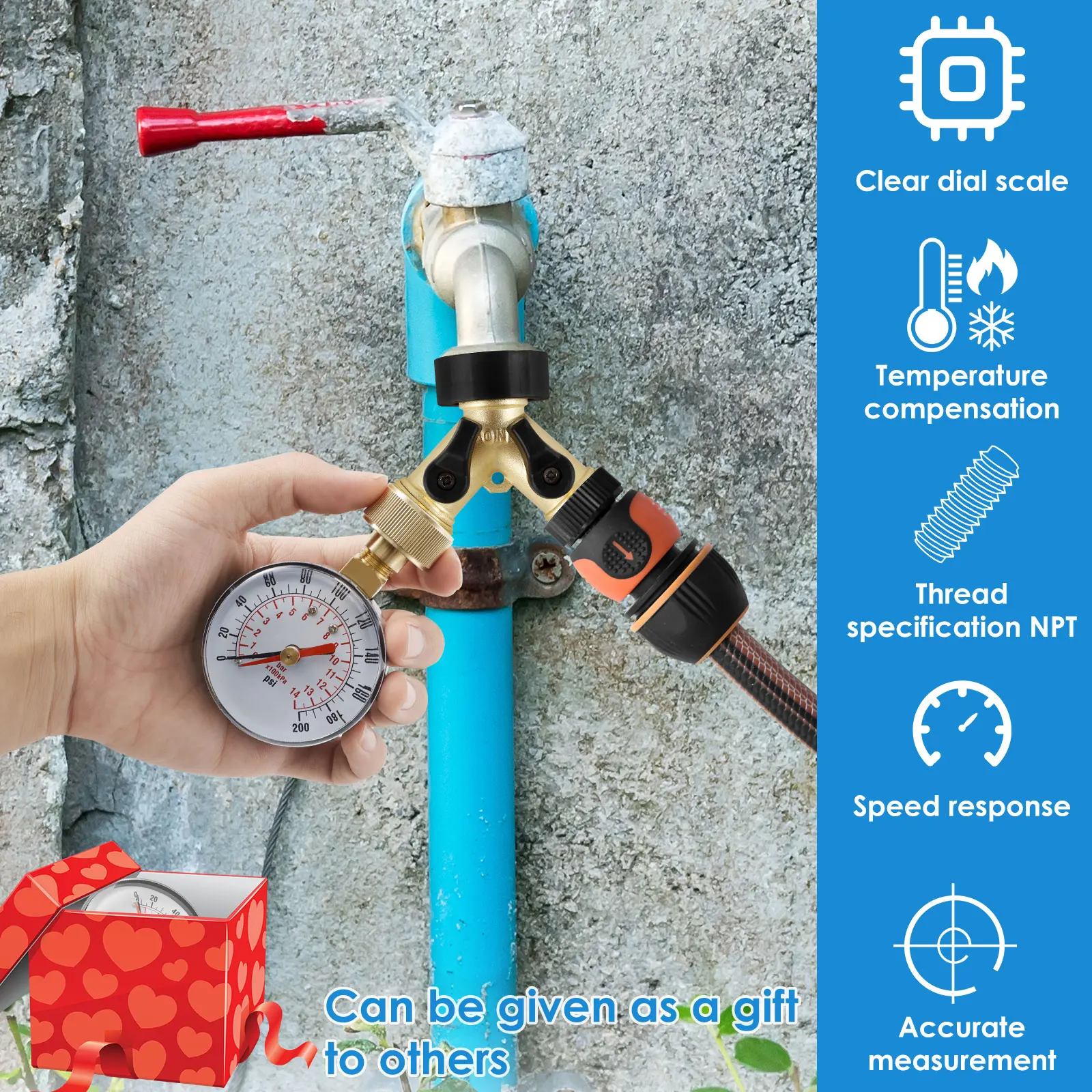 Manómetro Medidor de prueba de presión de agua TS-60-200 PSI Manómetro de bomba de agua para manguera Grifo Manguera de jardín