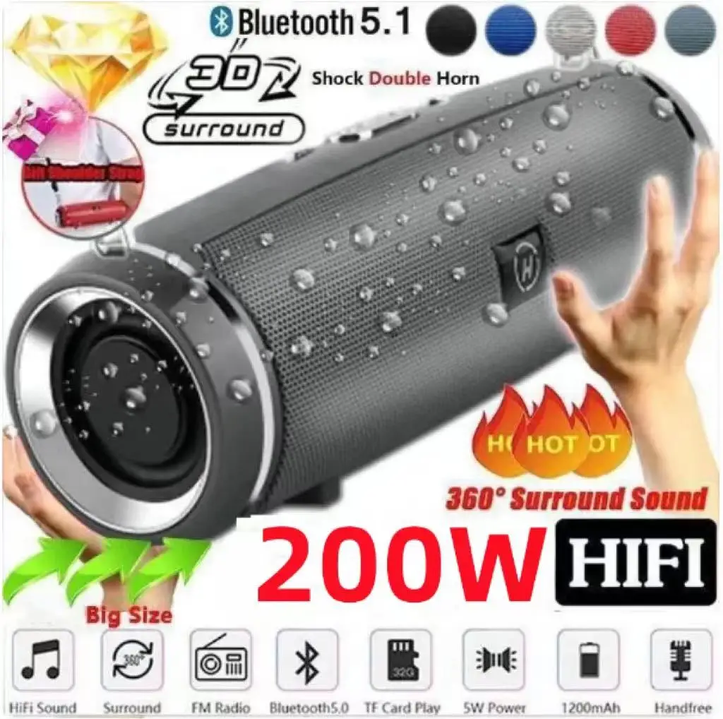 휴대용 블루투스 스피커, IPX7 방수 야외 HIFI 기둥 서브우퍼 스테레오 사운드 박스, FM 라디오 TF 붐 박스, 200W 피크 파워