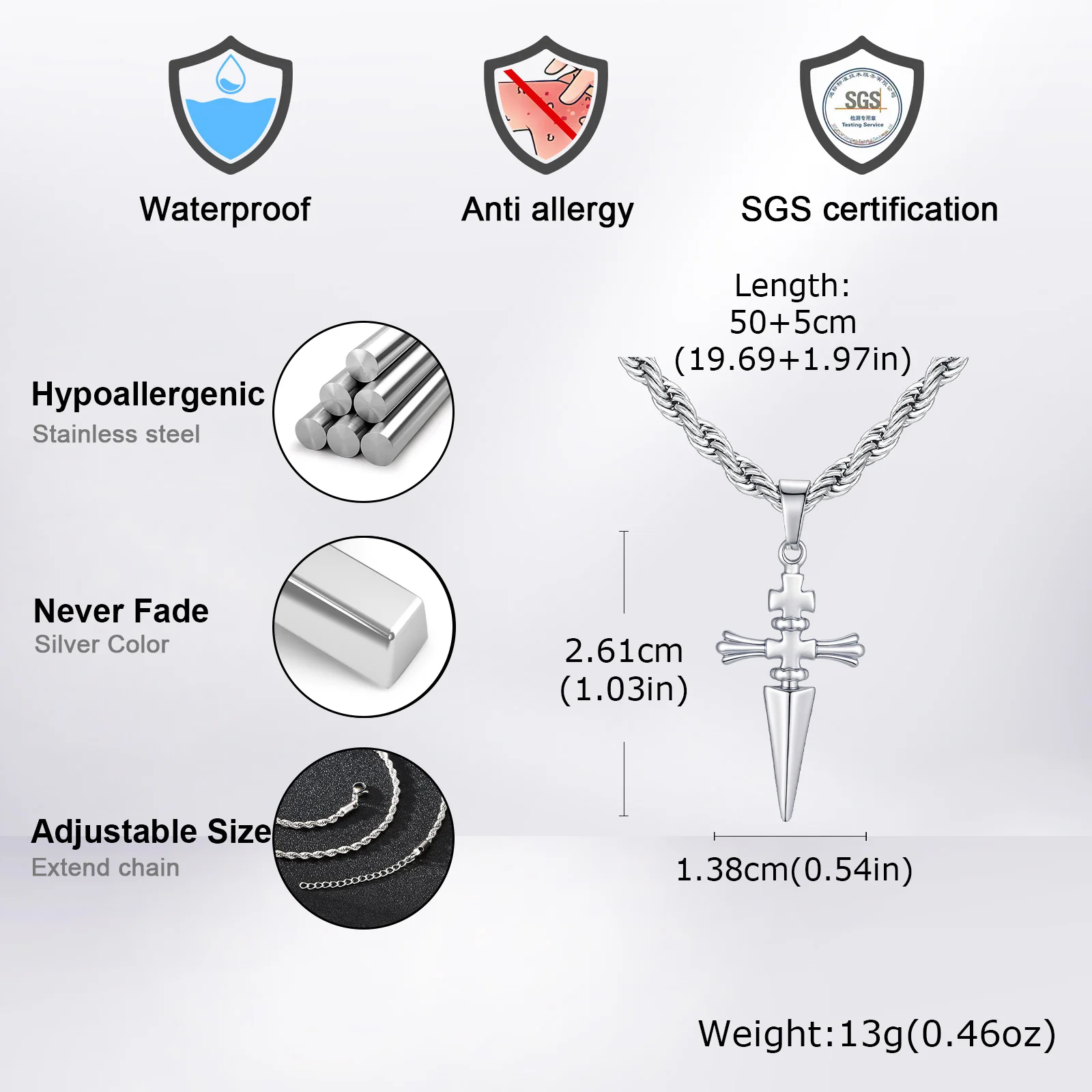Vnox Punk Sword Pendant Necklace Stainless Steel Twisted Chain for Men Women, Unisex Jewelry Gifts for Birthday Valentines Day - Image 4