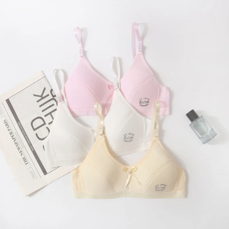 Adolescent Girls' Underwire Bra Lightweight Breathable Cotton Comfortable Bra Solid Color Simple Daily Cute Cartoon Printed Bra