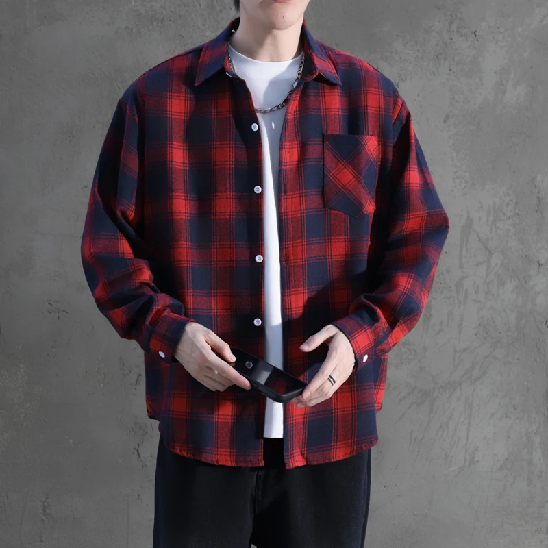 

Red Plaid Long Sleeve Shirt Men's Loose Fit Casual Style Workwear Jacket Youth Autumn Fashion Polyester Cotton Blend Shirt