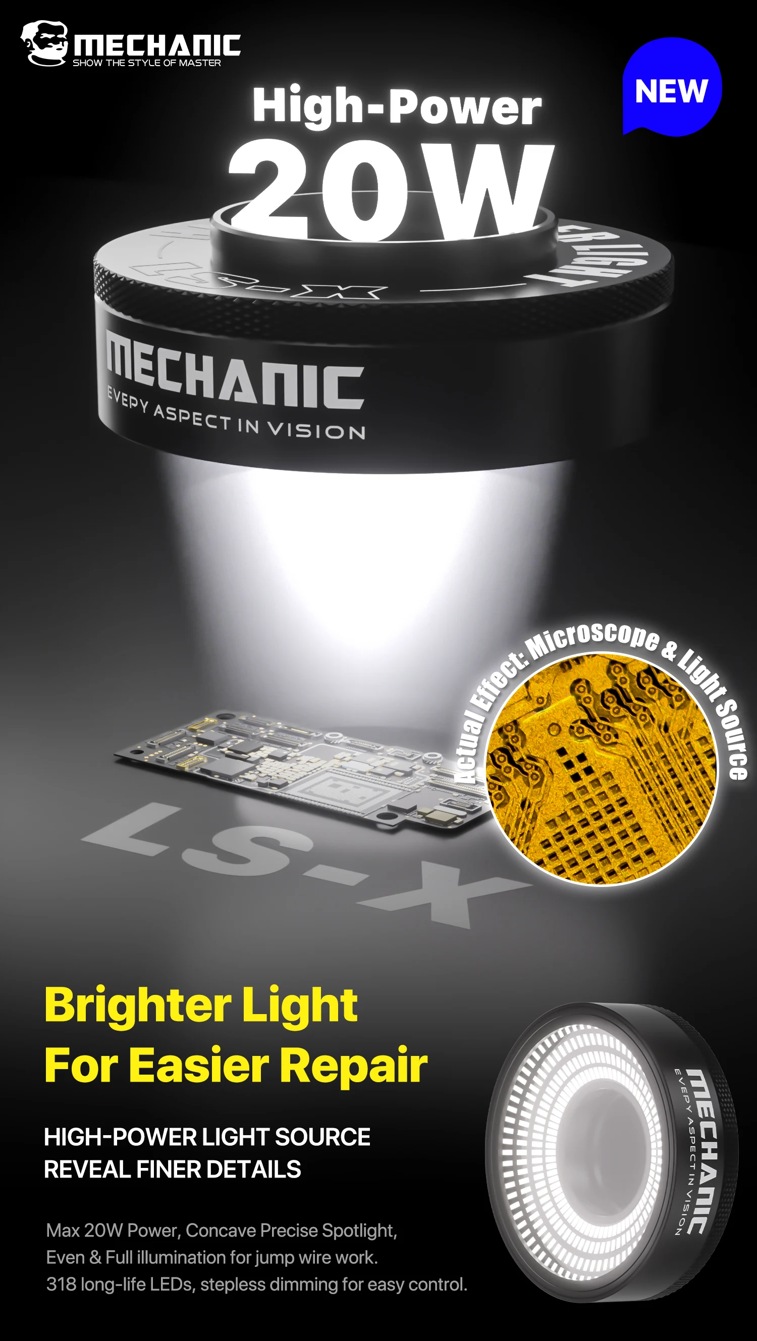 Mechanic LS-X 20W High Power LED Light Source Concave Focus Design Fly-wire Soldering Rework Special Ring Lamp for Phone Repair