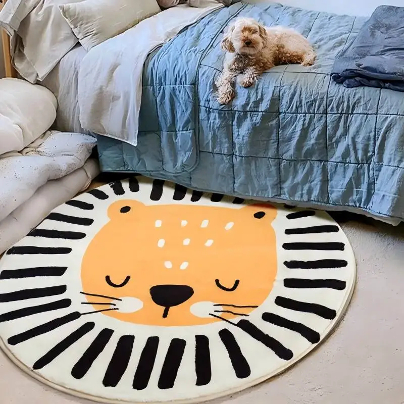 Round Hand Drawn Lion Print Floor Mat Whimsical Wildlife Design Decor Mat For Home Interior Living Space Floor Art Decor