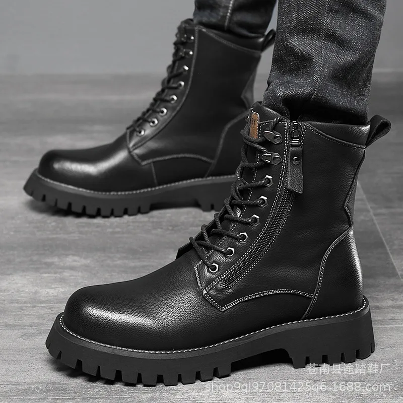 

2025 Новые мужские ботинки, зимняя повседневная обувь, модные кожаные ботинки, мужские резиновые сапоги высокого качества для верховой езды, ботинки Hombre с мехом