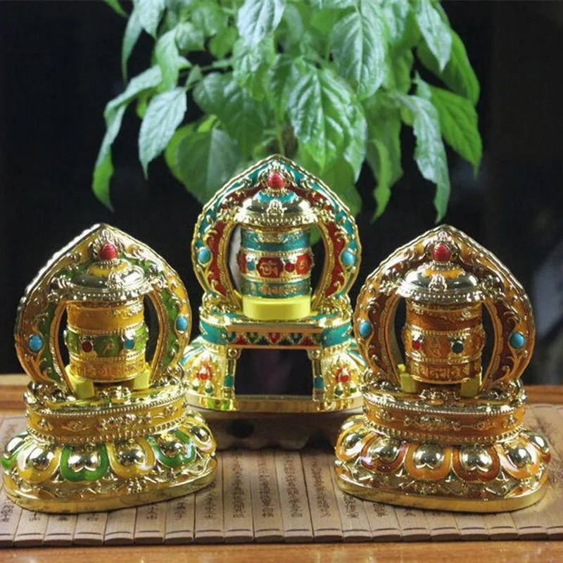 

12cm Yellow/Orange/Blue Alloy Zinc Hand Colored Six Words Mantra Keep Safe Solar Energy Putting Decorate Prayer Wheel