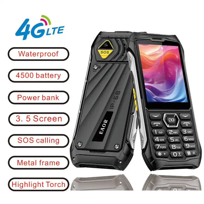 EAOR 4G IP68Waterproof Rugged 3.5 IPS display  big Battery powerbank  Feature Keypad volume side key SOS Flashlight Mobile Phone