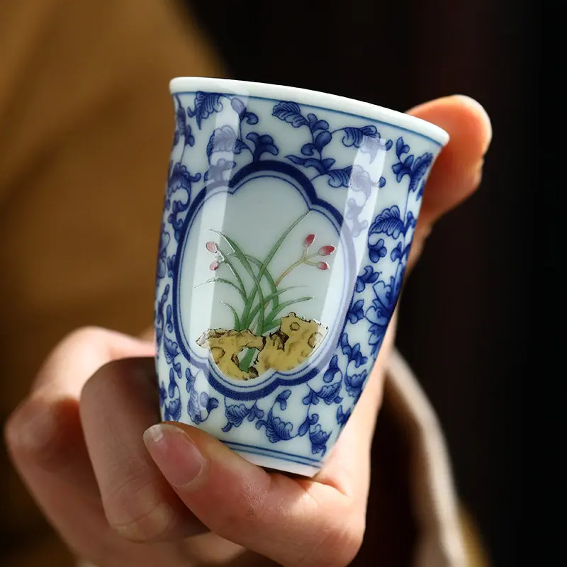 Blue and White Pink Two-Piece Tureen Retro Style Tea Bowl Making Device Porcelain Cup Fragrance-Smelling Kombucha Prepared