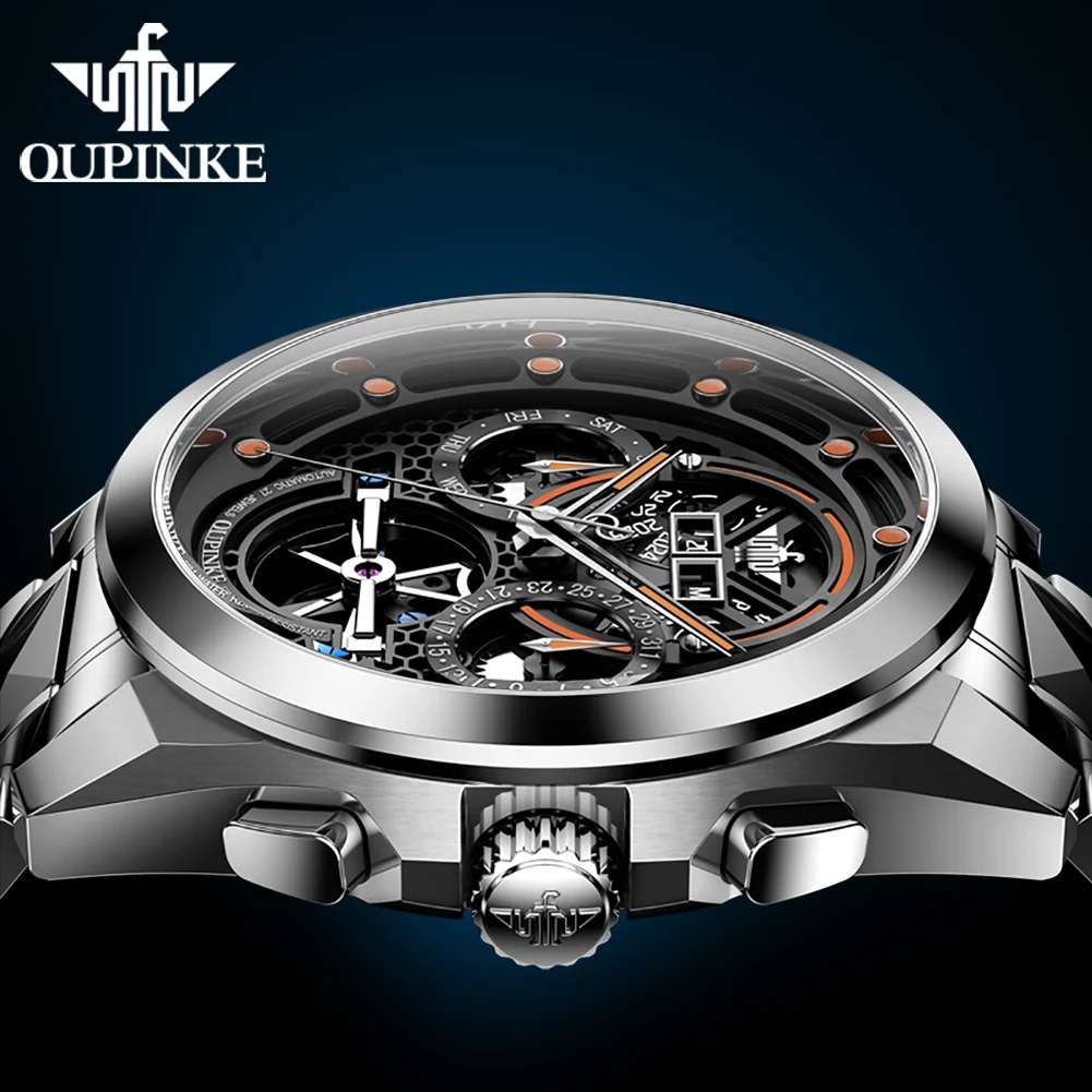 OUPINKE мужские часы, трендовые модные полностью автоматические наручные часы из вольфрамовой стали, механический маховик, циферблат, календарь 3249
