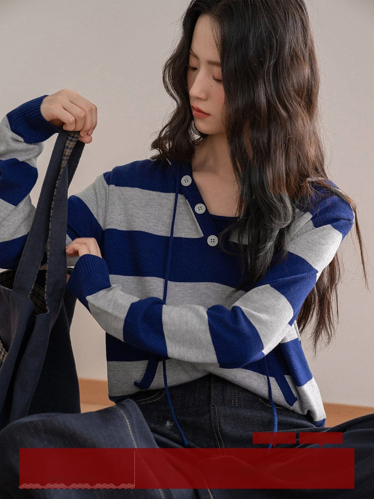 

MoZa Loose Fit Color Blo Striped Hoodie Knitwear Women's Spring New Korean Sle Overhead Inner irt V-ne Long Sve