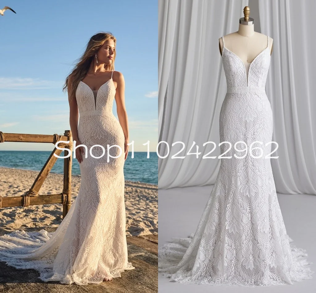 Beach Bohemian Knit Lace Wedding Dress with an open V-back and plunging neckline Mermaid Boho Beach Bridal Gown outfits