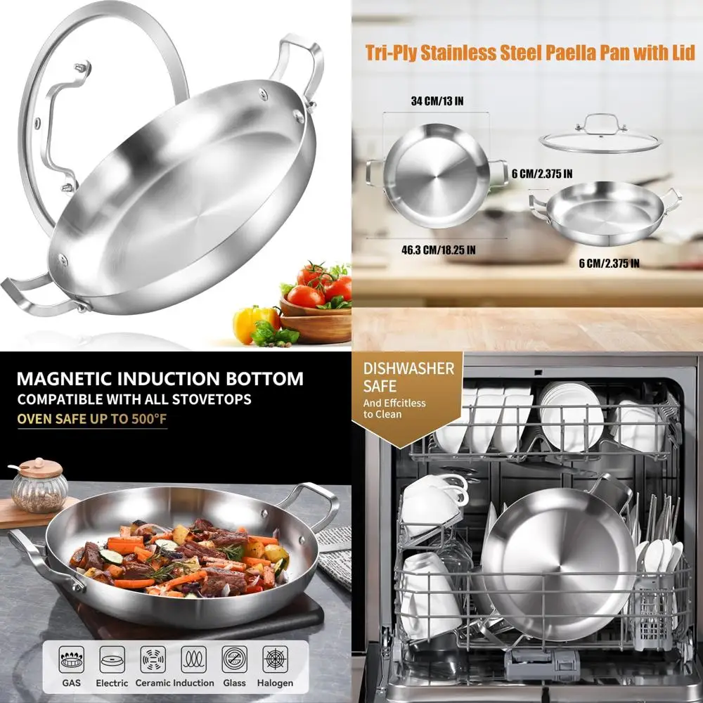 

Large 13-Inch Tri-Ply Stainless Steel Paella Pan with Lid, Griddle, and Skillet - Induction Compatible, Oven and Dishwasher Safe