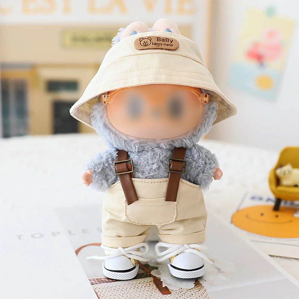 Elegante set di vestiti carini per bambola con cappello a secchiello, tuta, occhiali, scarpe, set per costumi da vestire per bambole in peluche