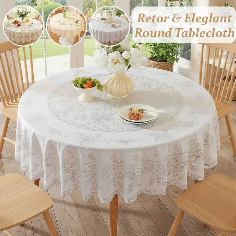 

Spring New Waterproof Round Tablecloth Vintage Print Wave Edge PVC Table Cover Oil-proof Anti-scratch Dining Tablecloth for Home