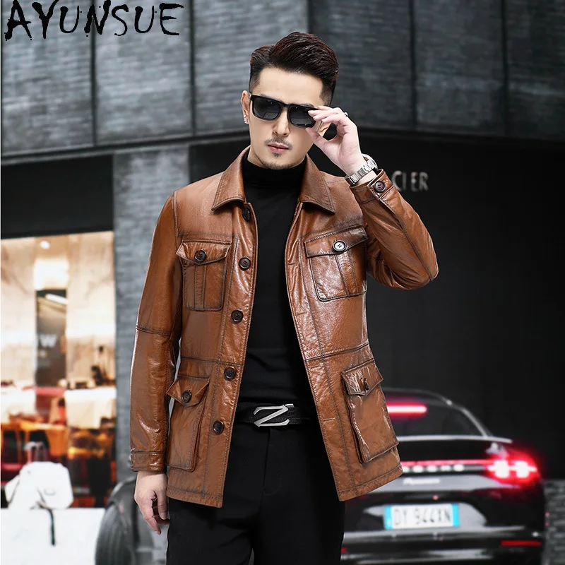 

AYUNSUE Genuine Leather Jacket Men 2025 Spring Autumn Man Clothes Oil Wax Cowhide Coat Mid-length Trench Coats Jaqueta De Couro