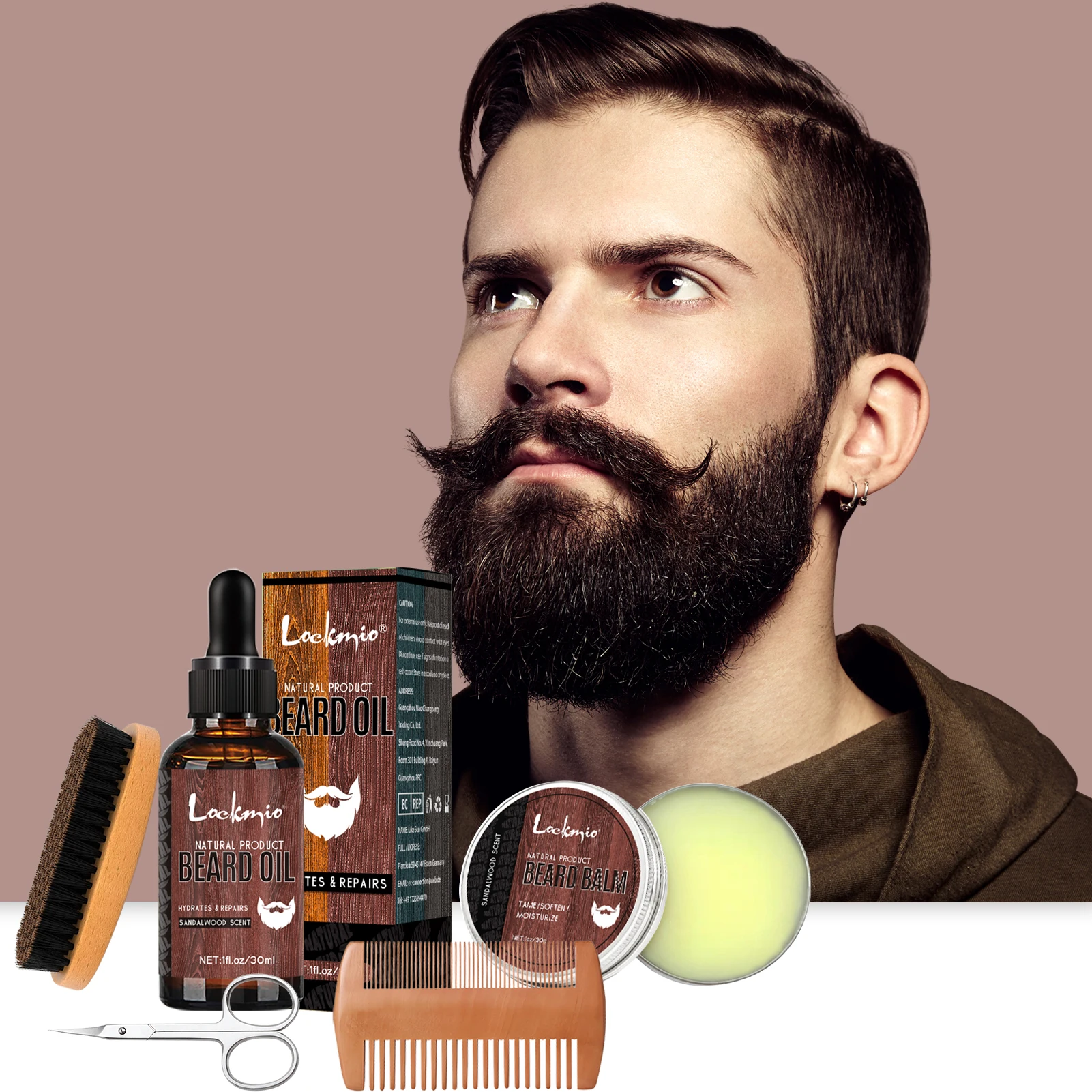 5 pz/set Kit per la crescita della barba profumo di sandalo balsamo per barba olio idratante Styling Trim Care Conditioner For Men