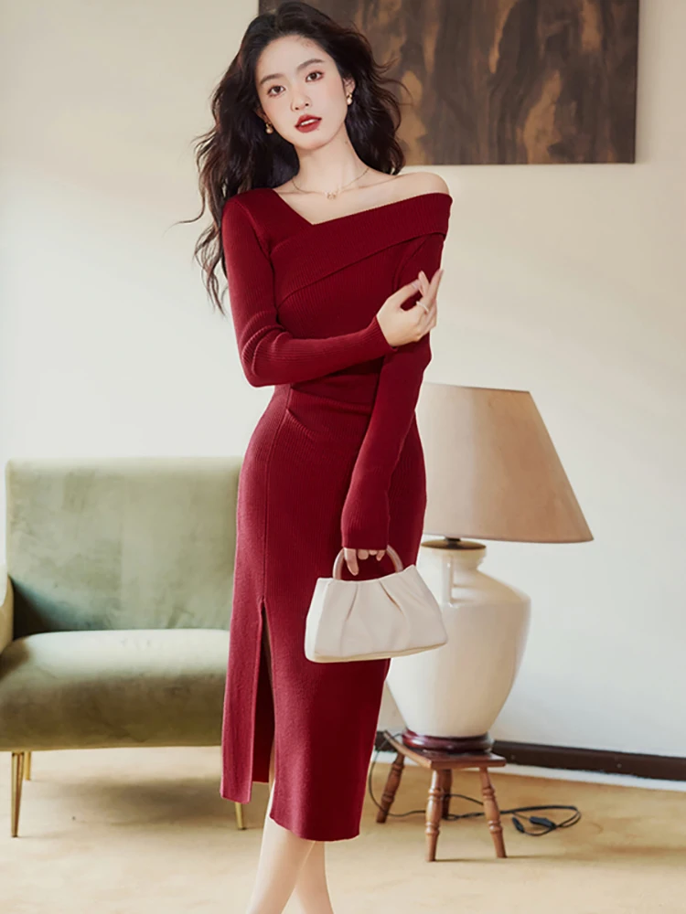 

2025 Red Knitted Long Sleeve Off Shoulder Sexy Long Dress Autumn Winter Elegant Sweater Dress Women Korean Bodycon Evening Dress