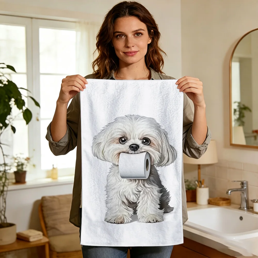 1pc/2pcs Cute Puppy Holding Toilet Paper Pattern Kitchen Towel-Super absorbent, reusable polyester dishcloths, perfect for home