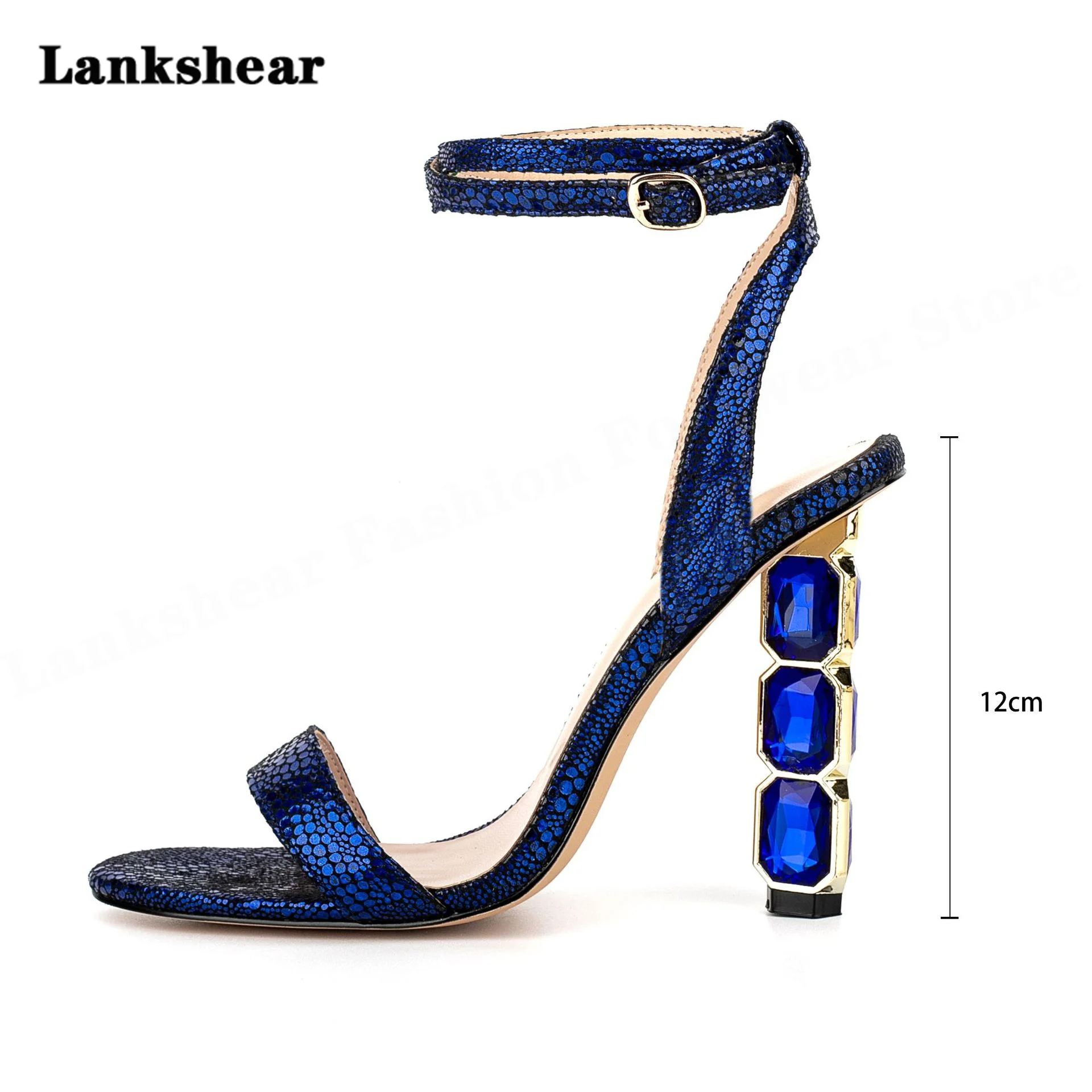 

2023 Thin Embellished Ankle Straps High Heel Shoes for Women Sparkly Stacked Crystal Heel Sandals Woman Summeropen Toe Pumps