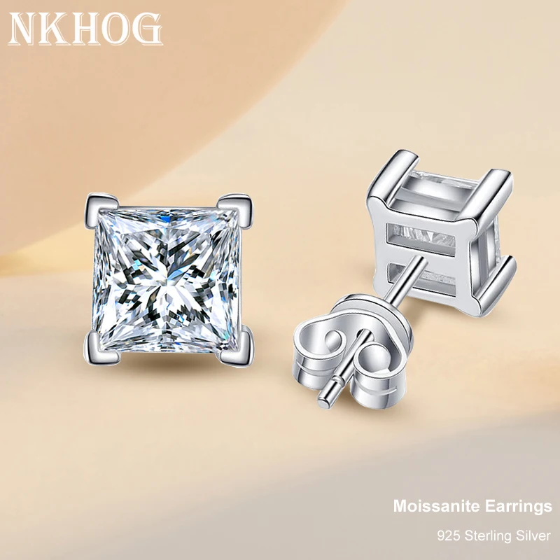 Real 1 CT D Color Moissanite Stud Earrings For Women 925 Sterling Silver Sparkling Princess Cut Diamond Earring Wedding Jewelry