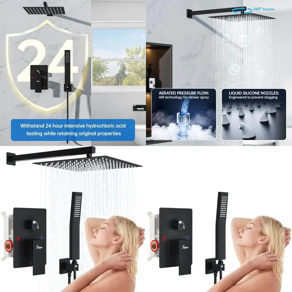10 Matte Black Luxury Shower Set with Rain & Handheld, Wall-Mounted Stainless Steel & Brass Trim Kit