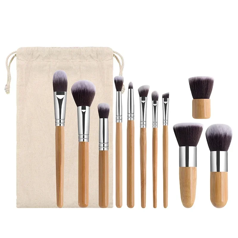 11pcs Natural Bamboo Handle Makeup Brushes Set High Quality Foundation Blending Cosmetic Make Up Tool Set With Cotton Bag