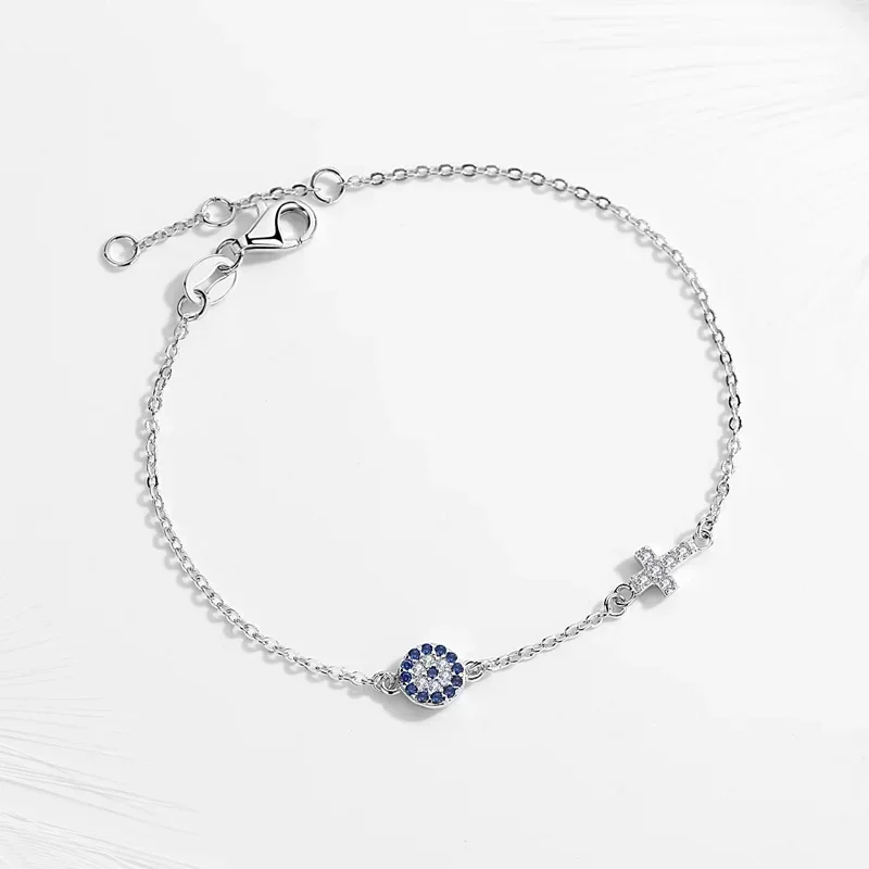 TONGZHE 925 Sterling Silver Hamsa Lucky Evil Eye Cross Bracelet Wonder Women Small Blue Cystal Stones Fine Wedding Jewelry