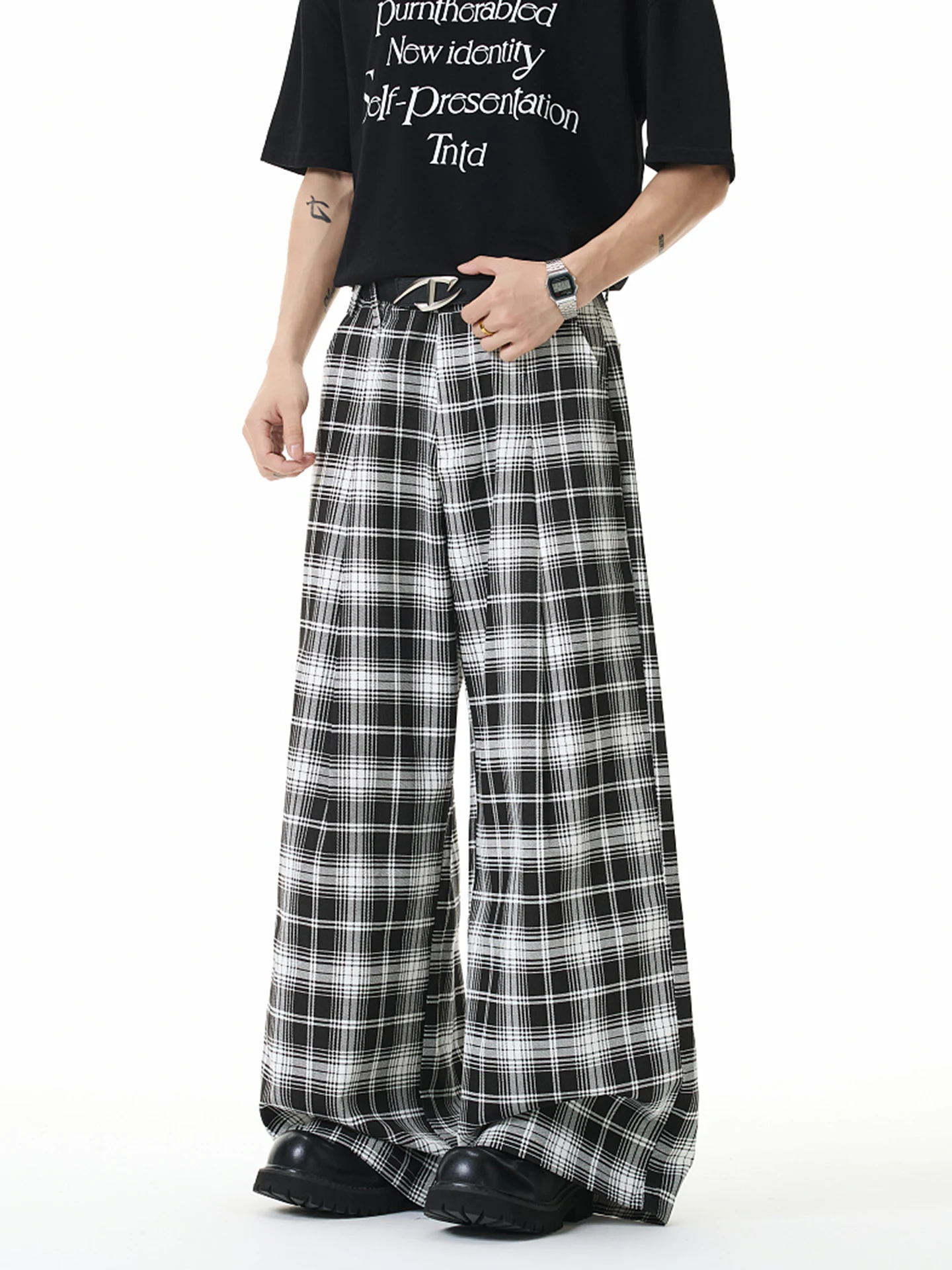 

Loose Wide Leg Casual Pants Men's Vintage Plaid Design Comfortable Loose Fit Long Trousers Straight Cut Breathable Cotton