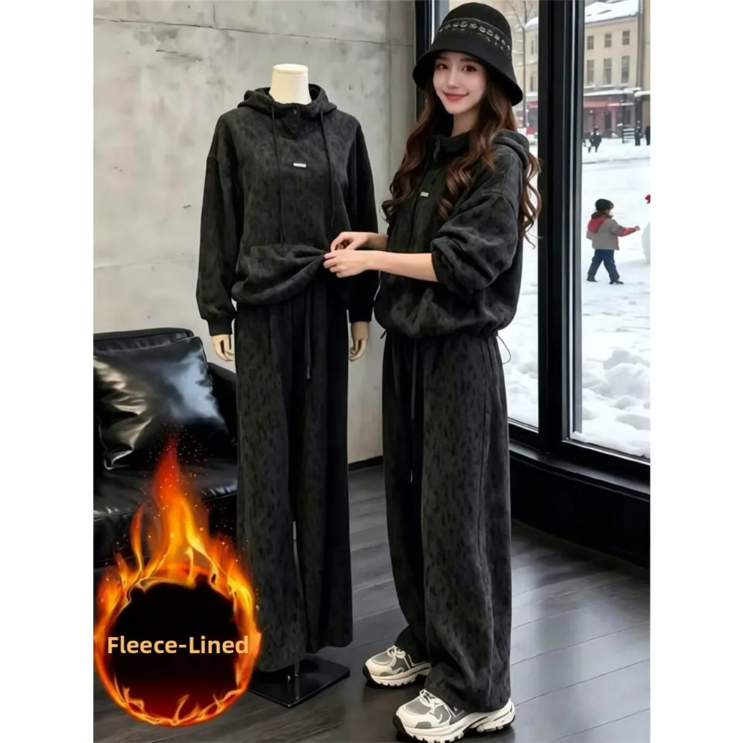 Thickened Fleece Winter Casual Set Women's Loose Sweatshirt Wide Leg Pants Two Pieces Floral Embroidery Soft Comfortable Trac...