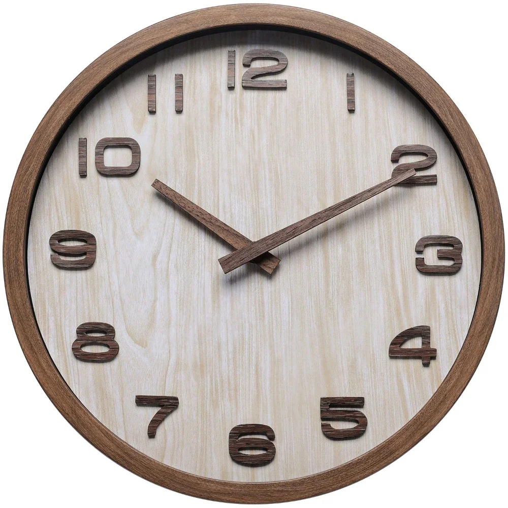 Imitation Wood Grain Wall Clock 12 Inch 3D Stereoscopic Digital Wall Clock Wooden Pointer Home Decoration Living Room Wall Watch