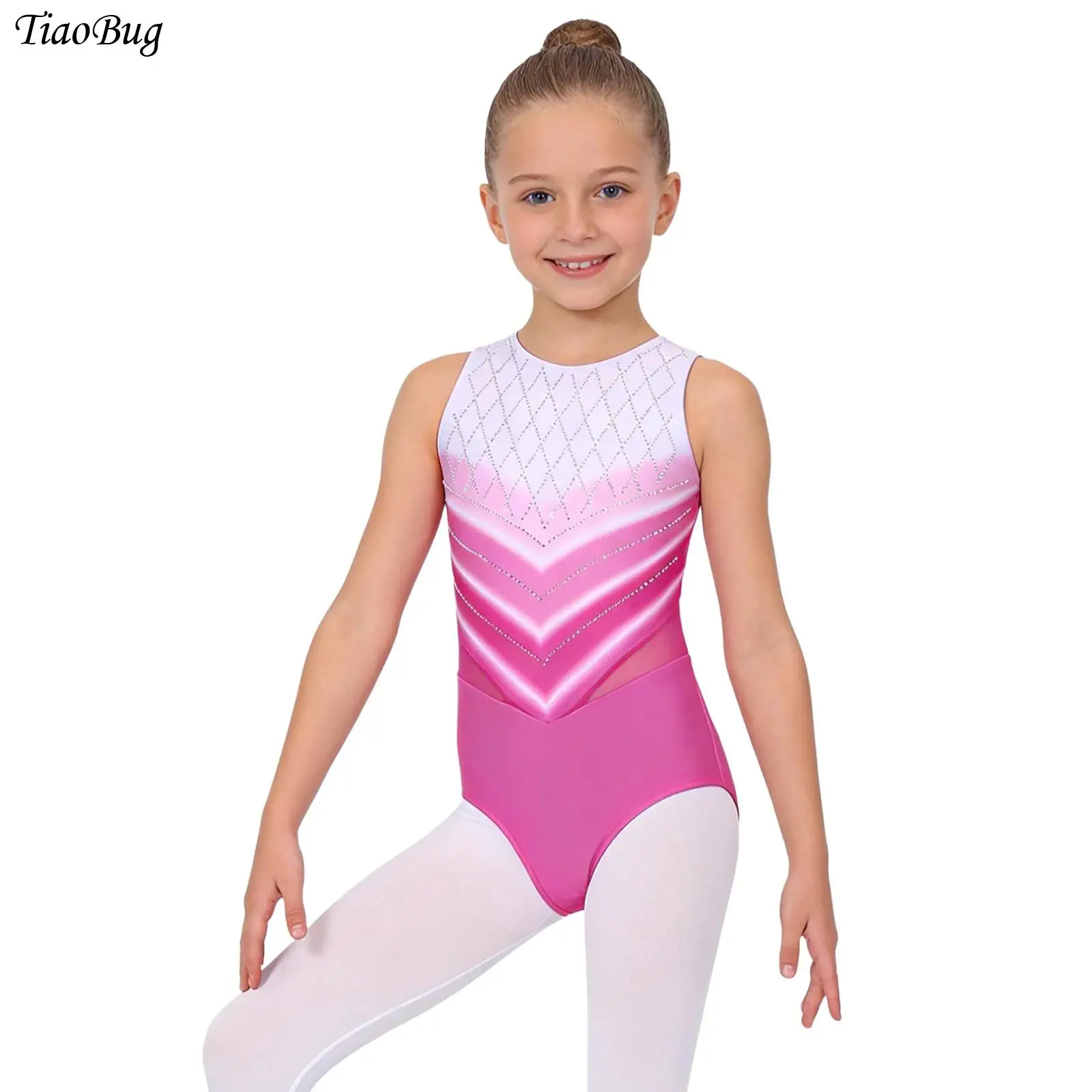 

Kids Girls Ballet Rhythmic Gymnastic Leotard Rhinestone Sleeveless Gradient Color Dance Bodysuit Athletic Figure Skating Costume
