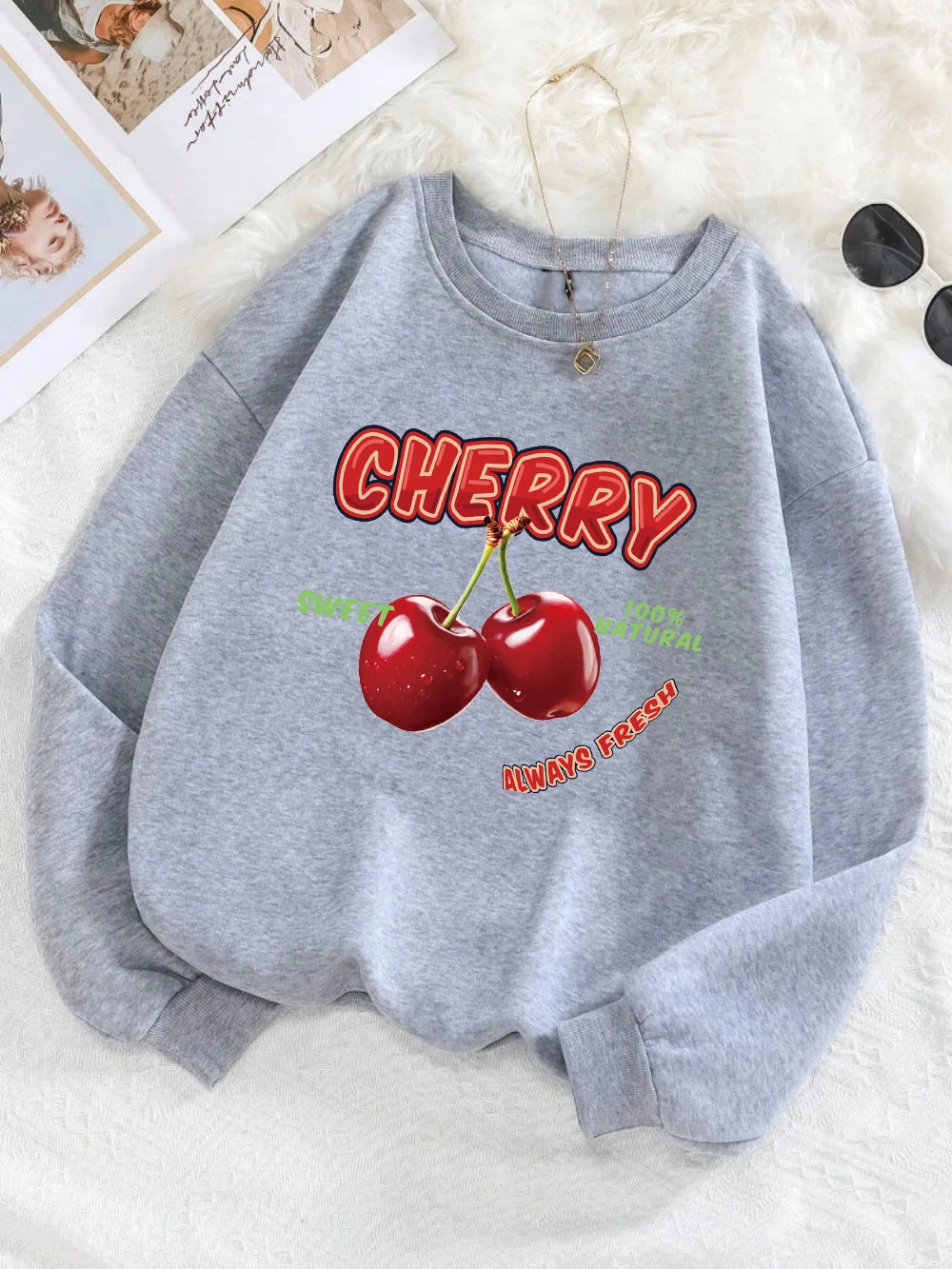 Street Womans Pullovers Sweet Cherry Aways Fresh Printing Hoodies Comfortable Crewneck Fleece Soft Sweatshirt Autumn Clothes