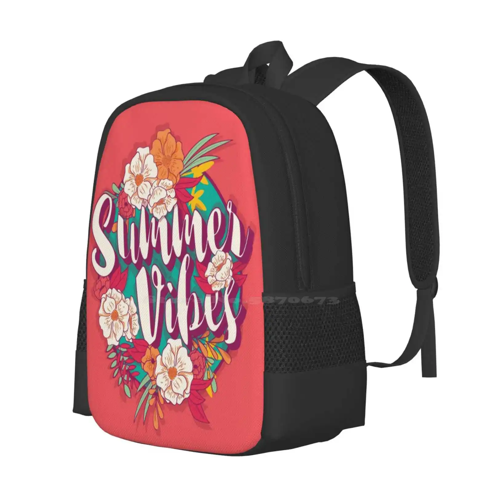 Summer Vibes Typography Banner Round Design In Tropical Flower Frame, Vector Illustration Hot Sale Schoolbag Backpack Fashion