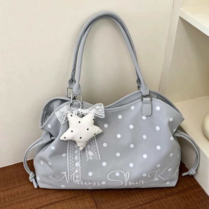 韓国ポルカドットスタープリント大型キャンバストートバッグ、甘くてキュートなエッジの効いたバレエボウスタイルショルダーバッグ、女性用通勤多目的ハンドバッグ