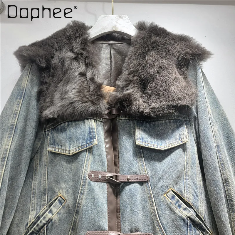 Europäischen Stil Mode Pelz einteiliges Patchwork Denim Parka Frauen High-End-Vintage Plüsch Lange Ärmeln Verdickt Faux Pelz mantel