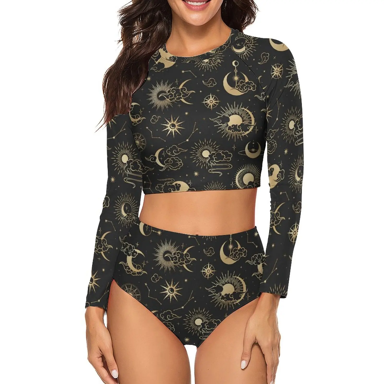 Sexy Astrology Art Bikinis Set Moon Star Sun Elegant Bikini Swimsuit Sleeve Swimwear Rave Beach Outfits