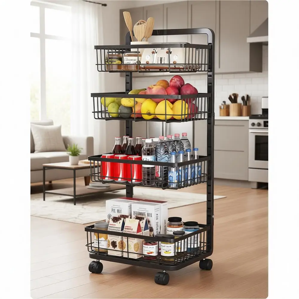 

Adjustable 4-Tier Metal Kitchen Cart with Rolling Fruit Baskets for Potatoes, Onions, and Produce in Black