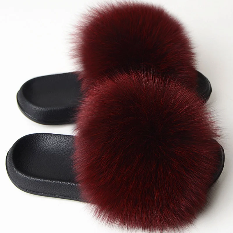 Real Fox Fur Slippers Women Summer Indoor Fluffy Flat Raccoon Fur Slides Outdoor Fashion Casual Beach Shoes Plus Size Shoes