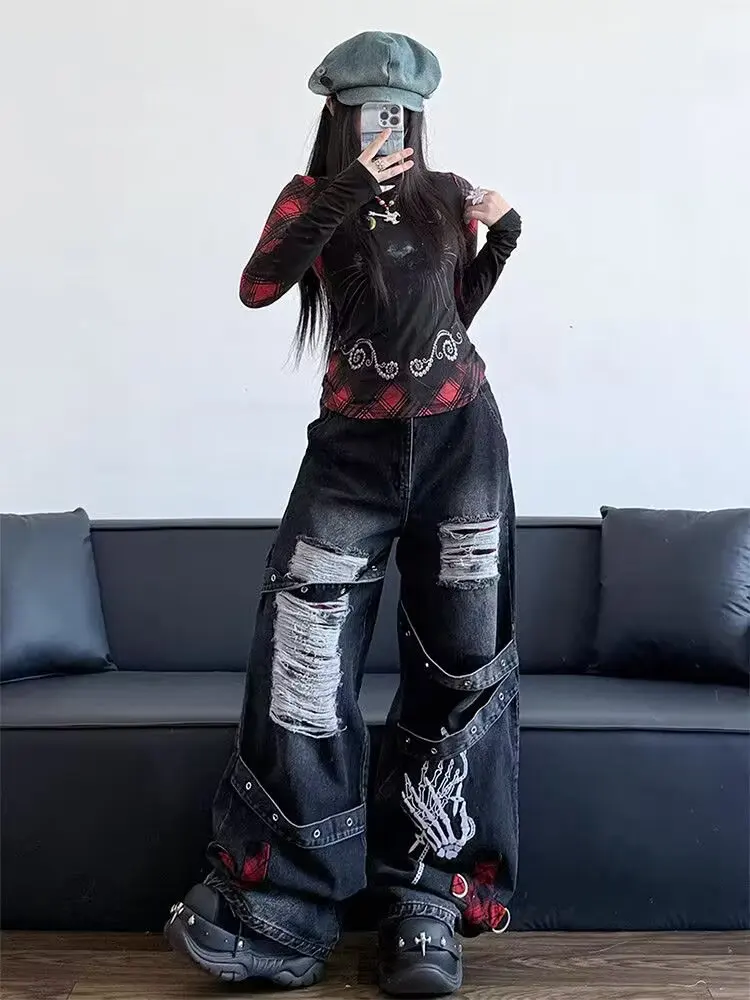 Y2K Red Gothic Hip-Hop spicy girl Hole Vintage Jeans High Street Trend American Baggy Wash Splicing Woman Wide-leg Pants