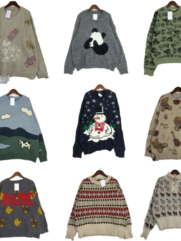 

Винтажный женский вязаный шерстяной свитер, зимний теплый Fce Netie с мультяшной вышивкой, уличный длинный топ прямого кроя