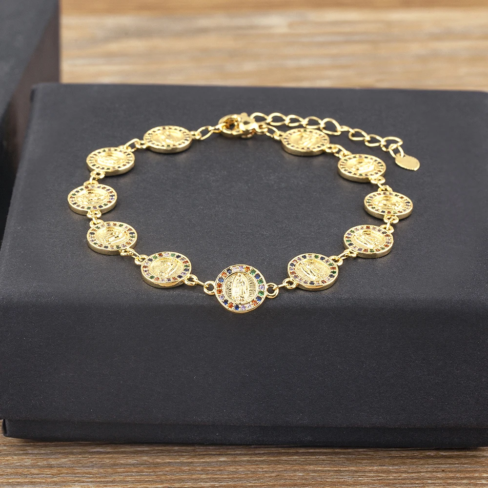 

Nidin Multicolor Virgin Mary Bracelets For Women Crystal Gold Plated Christian Jewelry Accessories Handmade Chain Link Bangle