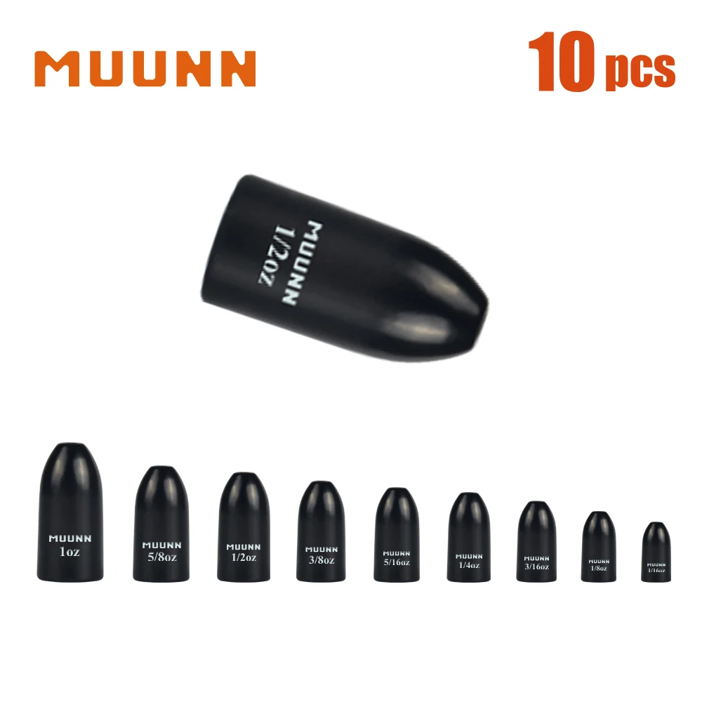 

MUUNN 10PCS 1/16-1OZ Tungsten Worm Sinker Weight,Bullet Bass Fishing Lure Accessories ,Matt Black,Texas/Carolina Rig Connectors