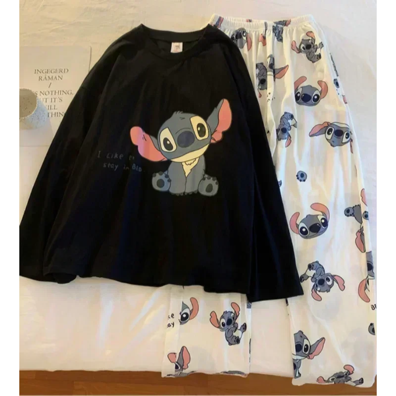 Disney Stitch otoño puro algodón nuevos pantalones de manga larga conjunto de dos piezas pijamas de mujer pijamas de seda conjunto de ropa de estar